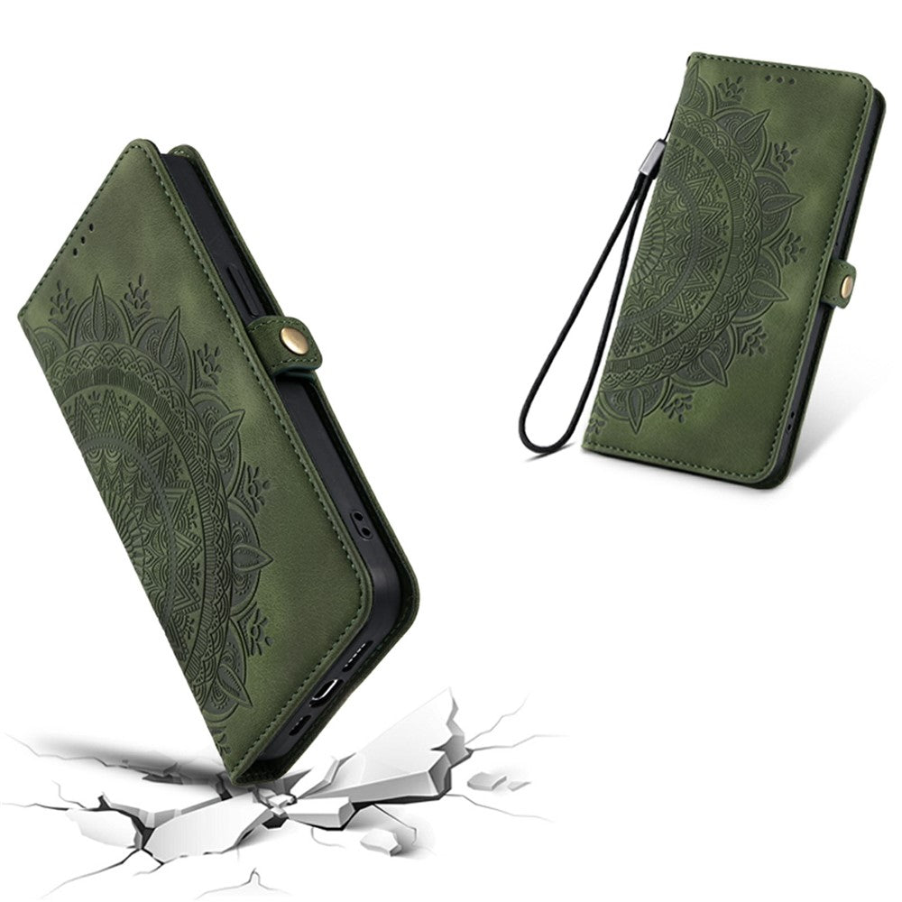 For Xiaomi Poco M8 Pro 5G / Redmi Note 15 Pro+ 5G (Global) Case Skin Feel Totem Imprinted Wallet Leather Phone Cover with Hand Strap - Blackish Green