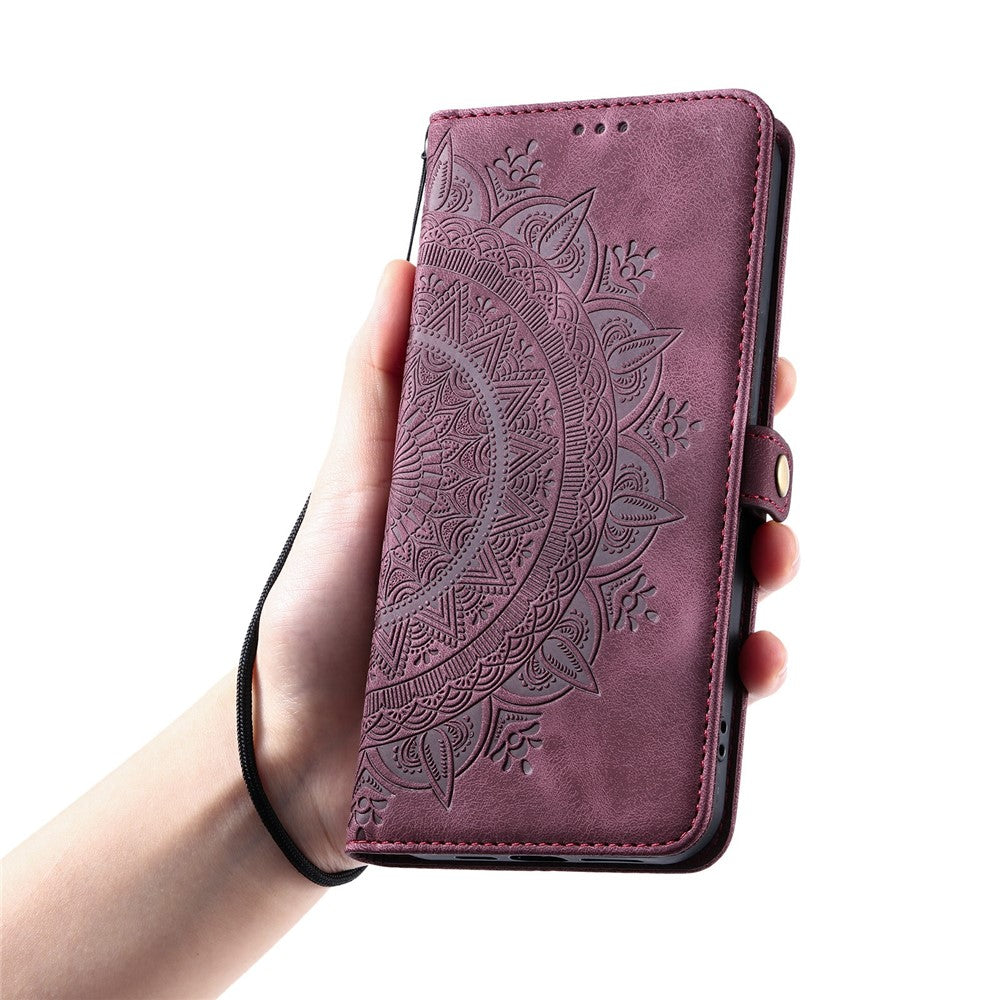 For Xiaomi Poco M8 Pro 5G / Redmi Note 15 Pro+ 5G (Global) Case Skin Feel Totem Imprinted Wallet Leather Phone Cover with Hand Strap - Wine Red
