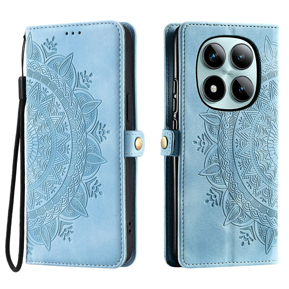 For Xiaomi Poco M8 Pro 5G / Redmi Note 15 Pro+ 5G (Global) Case Skin Feel Totem Imprinted Wallet Leather Phone Cover with Hand Strap - Lake Blue