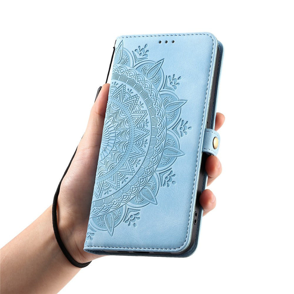 For Xiaomi Poco M8 Pro 5G / Redmi Note 15 Pro+ 5G (Global) Case Skin Feel Totem Imprinted Wallet Leather Phone Cover with Hand Strap - Lake Blue