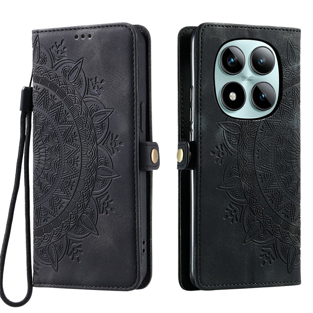 For Xiaomi Poco M8 Pro 5G / Redmi Note 15 Pro+ 5G (Global) Case Skin Feel Totem Imprinted Wallet Leather Phone Cover with Hand Strap - Black