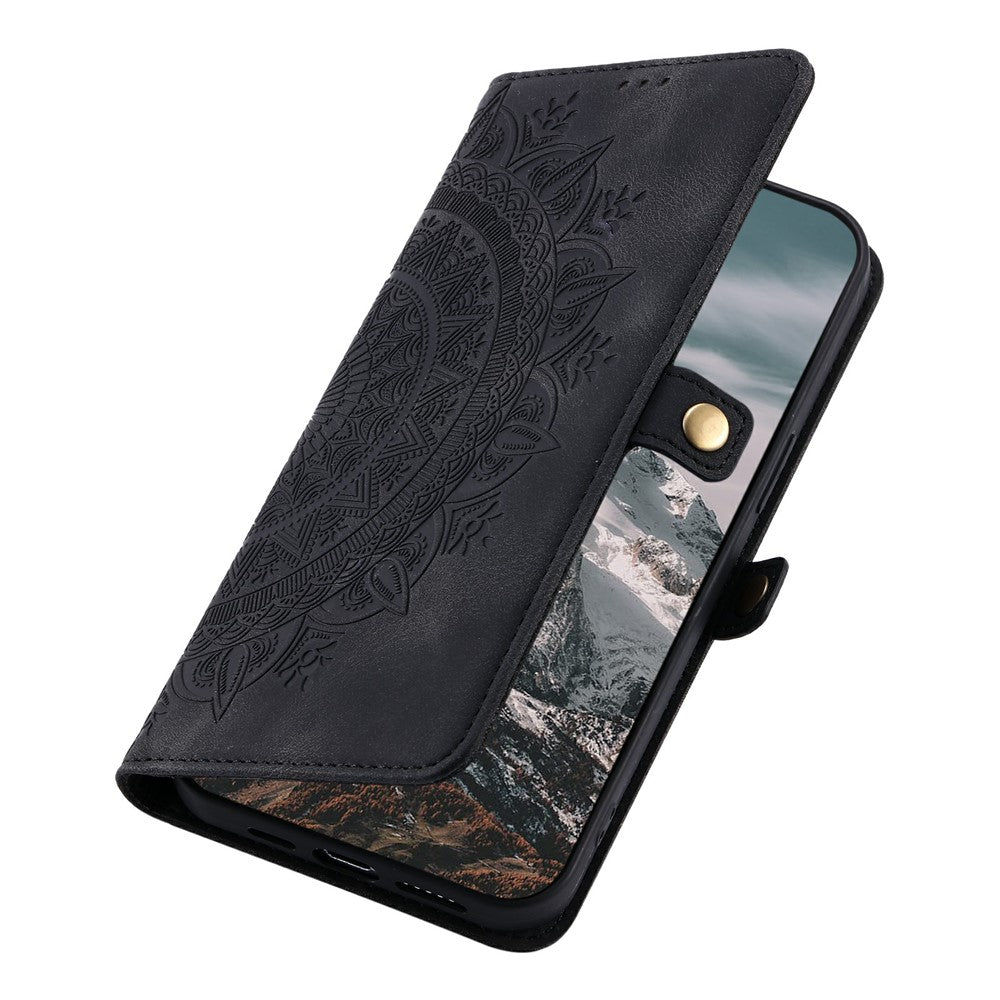 For Xiaomi Poco M8 Pro 5G / Redmi Note 15 Pro+ 5G (Global) Case Skin Feel Totem Imprinted Wallet Leather Phone Cover with Hand Strap - Black