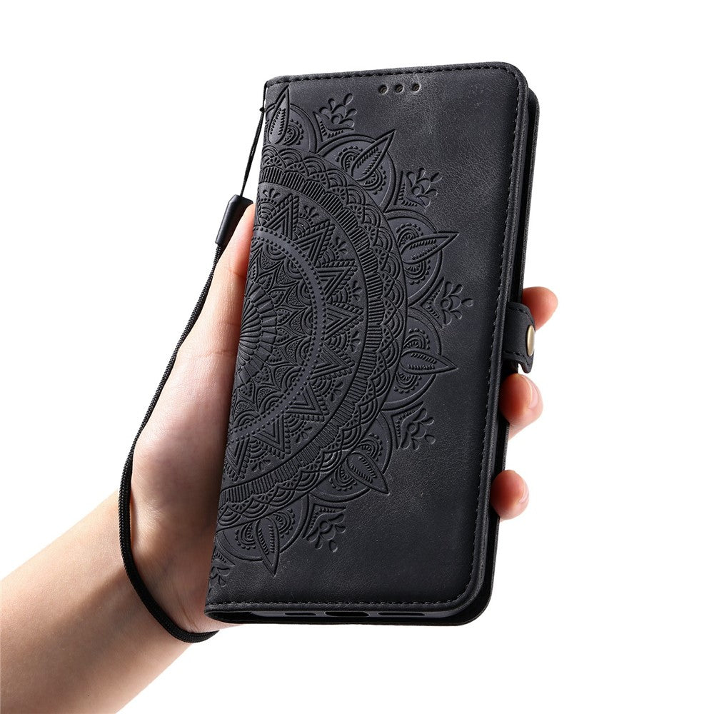 For Xiaomi Poco M8 Pro 5G / Redmi Note 15 Pro+ 5G (Global) Case Skin Feel Totem Imprinted Wallet Leather Phone Cover with Hand Strap - Black