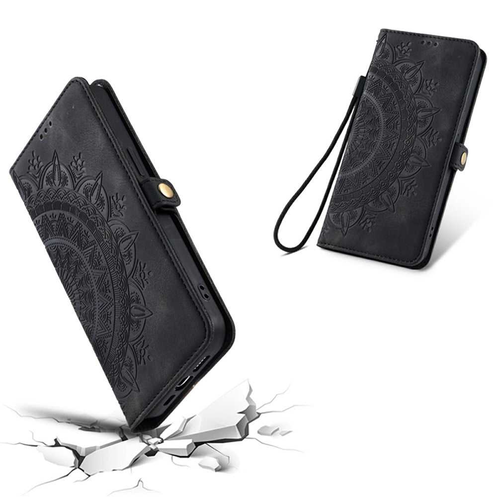 For Xiaomi Poco M8 Pro 5G / Redmi Note 15 Pro+ 5G (Global) Case Skin Feel Totem Imprinted Wallet Leather Phone Cover with Hand Strap - Black