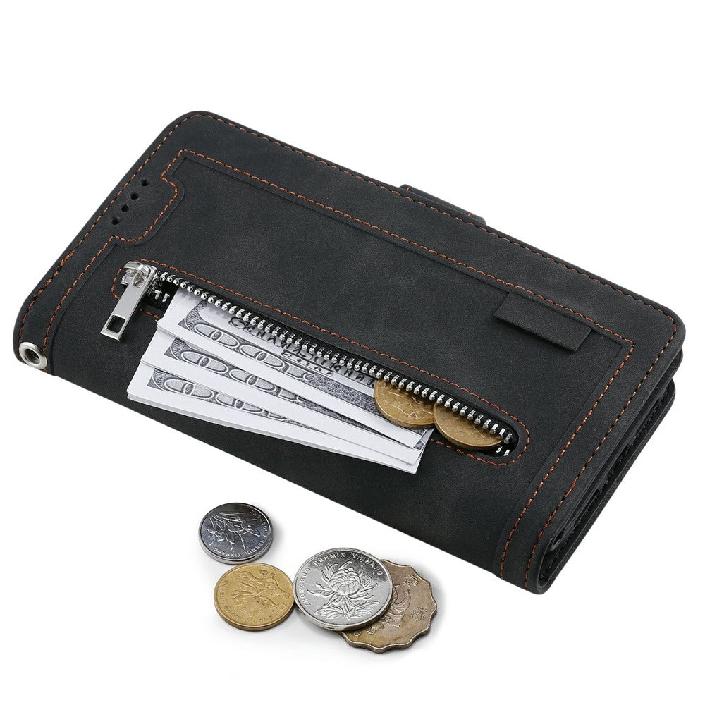 For Xiaomi Poco M8 Pro 5G / Redmi Note 15 Pro+ 5G (Global) Case 9 Card Slots Zipper Wallet PU Leather Phone Cover with Wrist Strap - Black