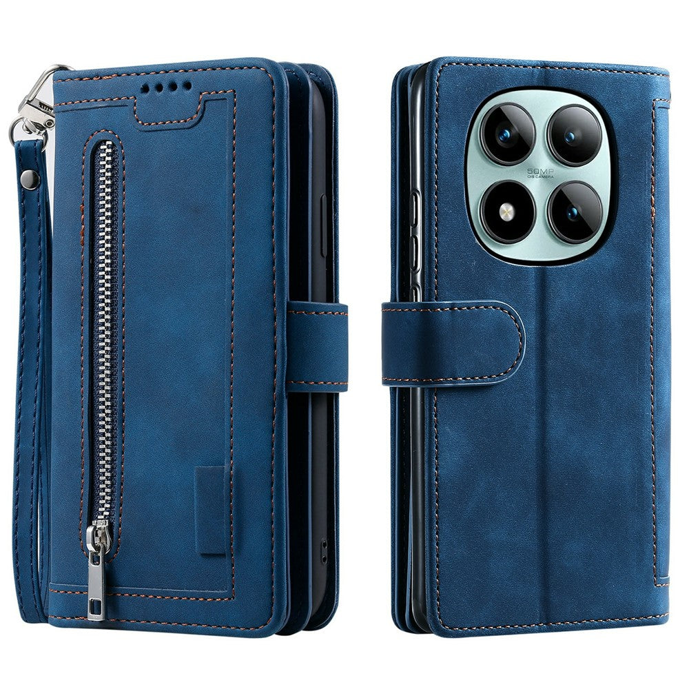 For Xiaomi Poco M8 Pro 5G / Redmi Note 15 Pro+ 5G (Global) Case 9 Card Slots Zipper Wallet PU Leather Phone Cover with Wrist Strap - Blue