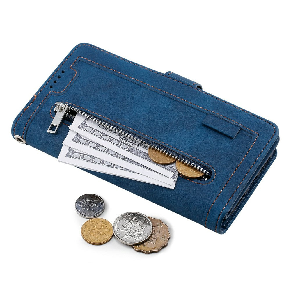 For Xiaomi Poco M8 Pro 5G / Redmi Note 15 Pro+ 5G (Global) Case 9 Card Slots Zipper Wallet PU Leather Phone Cover with Wrist Strap - Blue