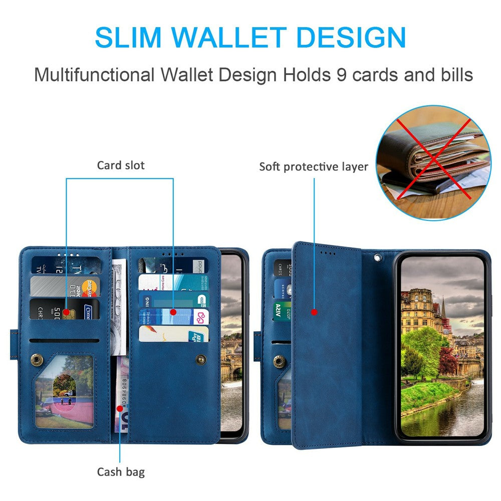 For Xiaomi Poco M8 Pro 5G / Redmi Note 15 Pro+ 5G (Global) Case 9 Card Slots Zipper Wallet PU Leather Phone Cover with Wrist Strap - Blue