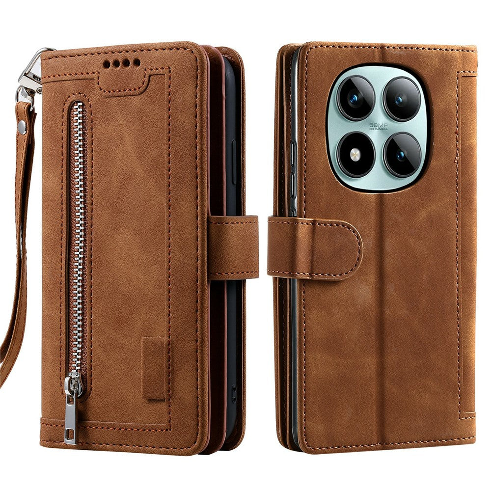 For Xiaomi Poco M8 Pro 5G / Redmi Note 15 Pro+ 5G (Global) Case 9 Card Slots Zipper Wallet PU Leather Phone Cover with Wrist Strap - Brown