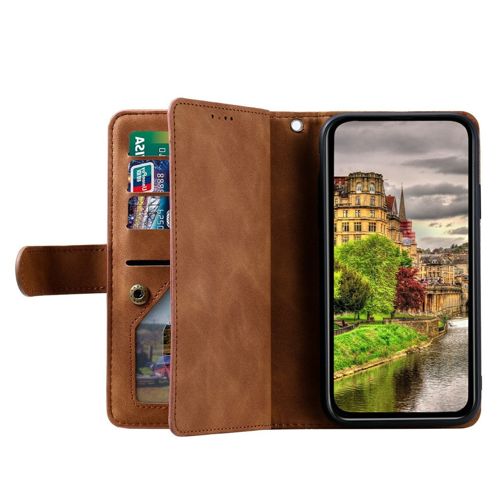 For Xiaomi Poco M8 Pro 5G / Redmi Note 15 Pro+ 5G (Global) Case 9 Card Slots Zipper Wallet PU Leather Phone Cover with Wrist Strap - Brown