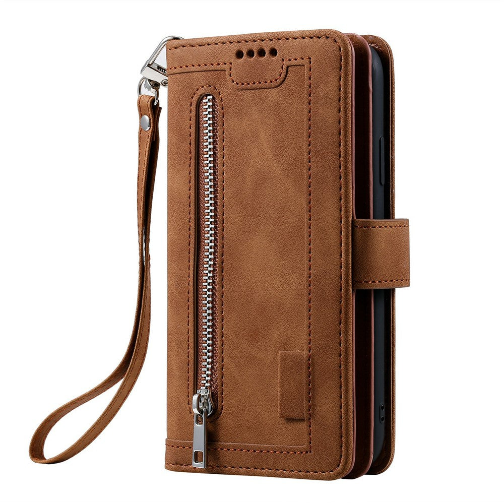 For Xiaomi Poco M8 Pro 5G / Redmi Note 15 Pro+ 5G (Global) Case 9 Card Slots Zipper Wallet PU Leather Phone Cover with Wrist Strap - Brown