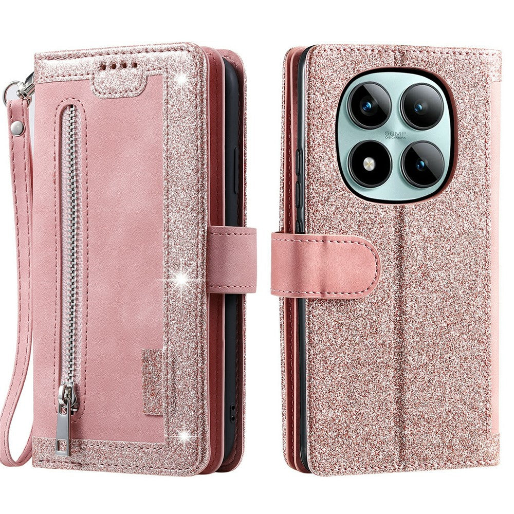 For Xiaomi Poco M8 Pro 5G / Redmi Note 15 Pro+ 5G (Global) Case 9 Card Slots Zipper Wallet PU Leather Phone Cover with Wrist Strap - Rose Gold