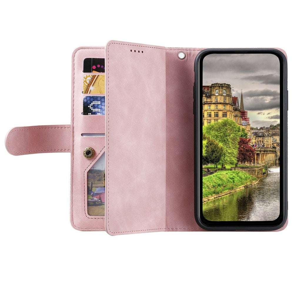 For Xiaomi Poco M8 Pro 5G / Redmi Note 15 Pro+ 5G (Global) Case 9 Card Slots Zipper Wallet PU Leather Phone Cover with Wrist Strap - Rose Gold