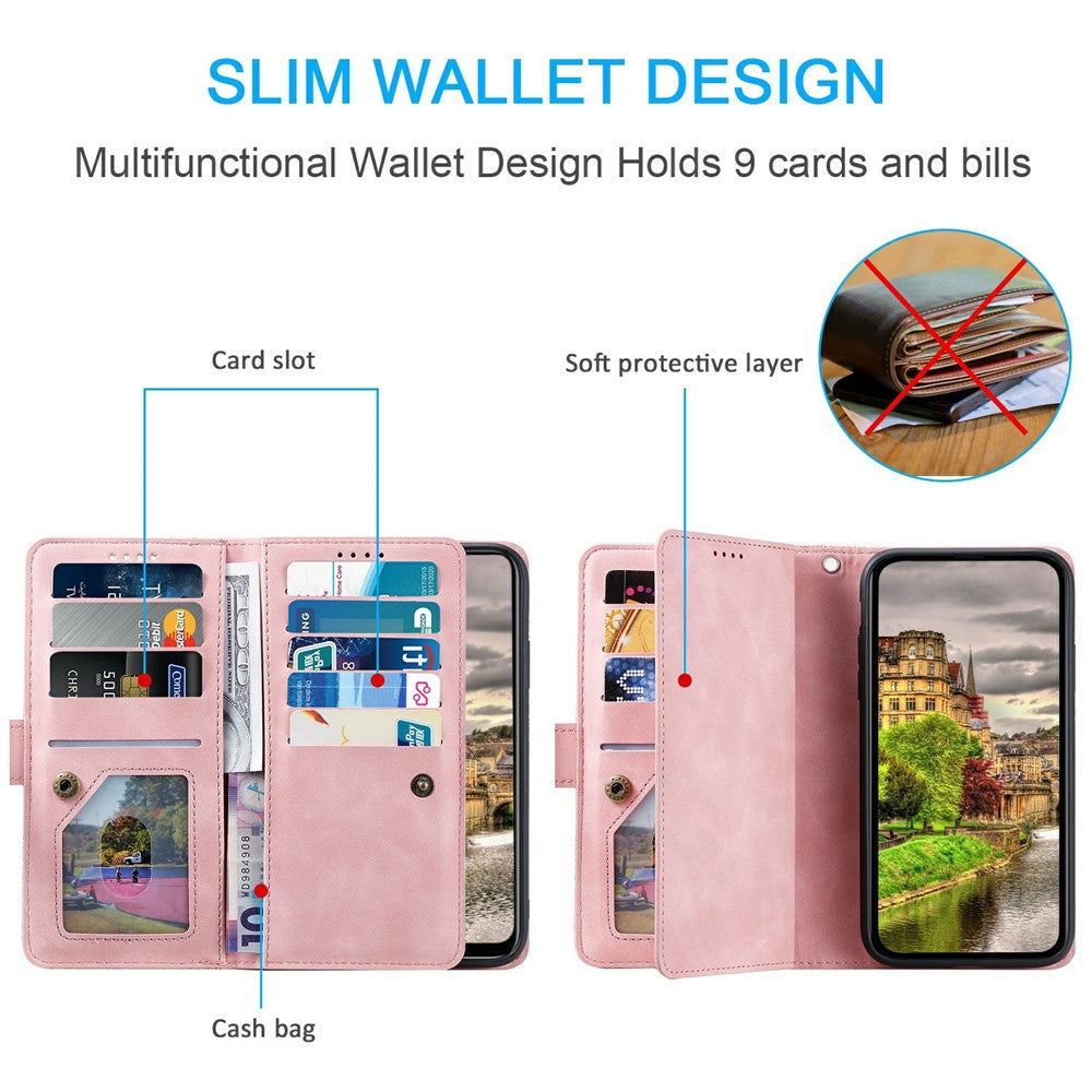 For Xiaomi Poco M8 Pro 5G / Redmi Note 15 Pro+ 5G (Global) Case 9 Card Slots Zipper Wallet PU Leather Phone Cover with Wrist Strap - Rose Gold