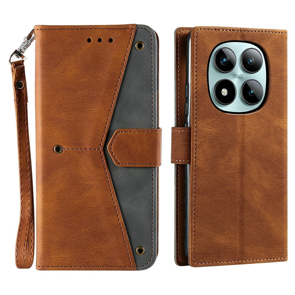 For Xiaomi Poco M8 Pro 5G / Redmi Note 15 Pro+ 5G (Global) Leather Case Splicing Stitching Wallet Phone Cover with Wrist Strap - Brown