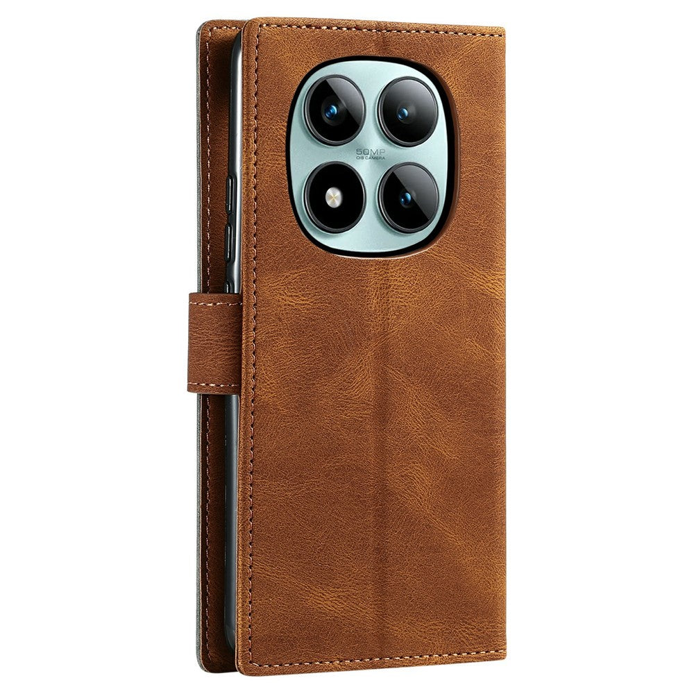For Xiaomi Poco M8 Pro 5G / Redmi Note 15 Pro+ 5G (Global) Leather Case Splicing Stitching Wallet Phone Cover with Wrist Strap - Brown