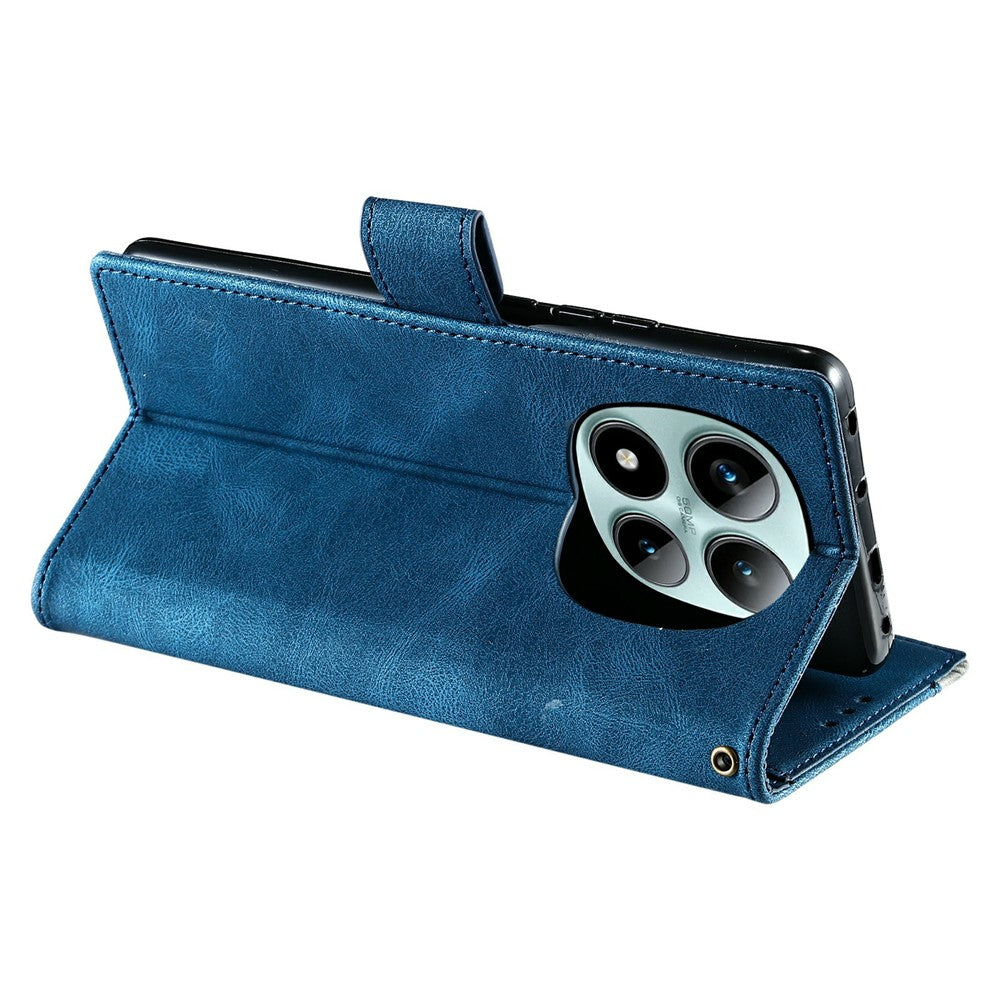 For Xiaomi Poco M8 Pro 5G / Redmi Note 15 Pro+ 5G (Global) Leather Case Splicing Stitching Wallet Phone Cover with Wrist Strap - Blue