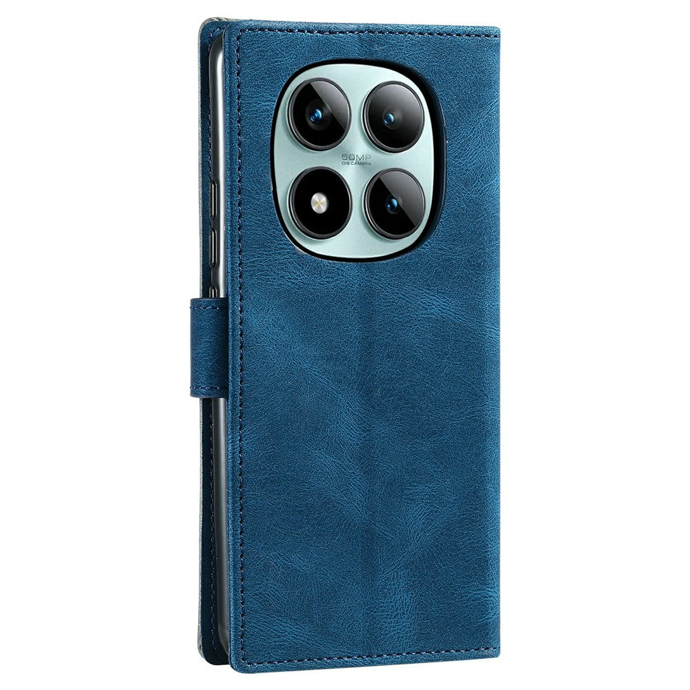 For Xiaomi Poco M8 Pro 5G / Redmi Note 15 Pro+ 5G (Global) Leather Case Splicing Stitching Wallet Phone Cover with Wrist Strap - Blue