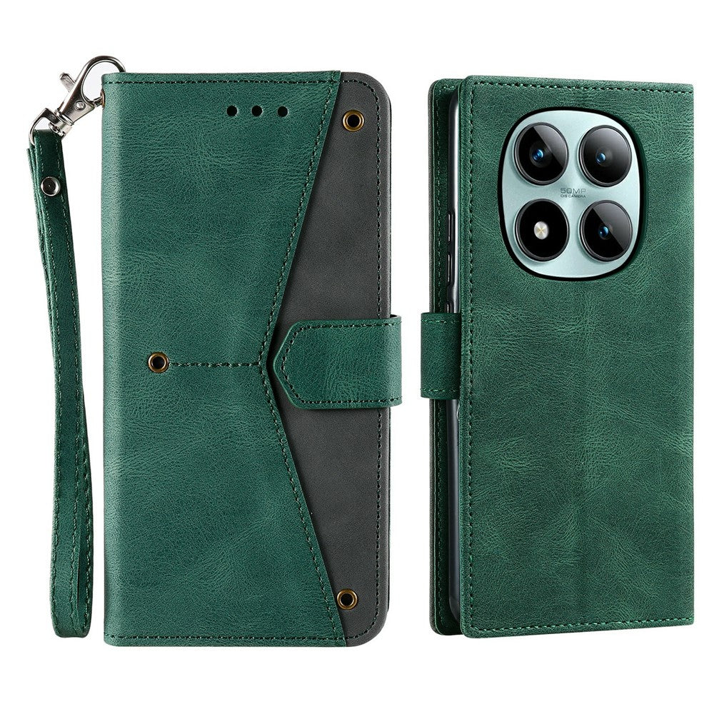 For Xiaomi Poco M8 Pro 5G / Redmi Note 15 Pro+ 5G (Global) Leather Case Splicing Stitching Wallet Phone Cover with Wrist Strap - Green