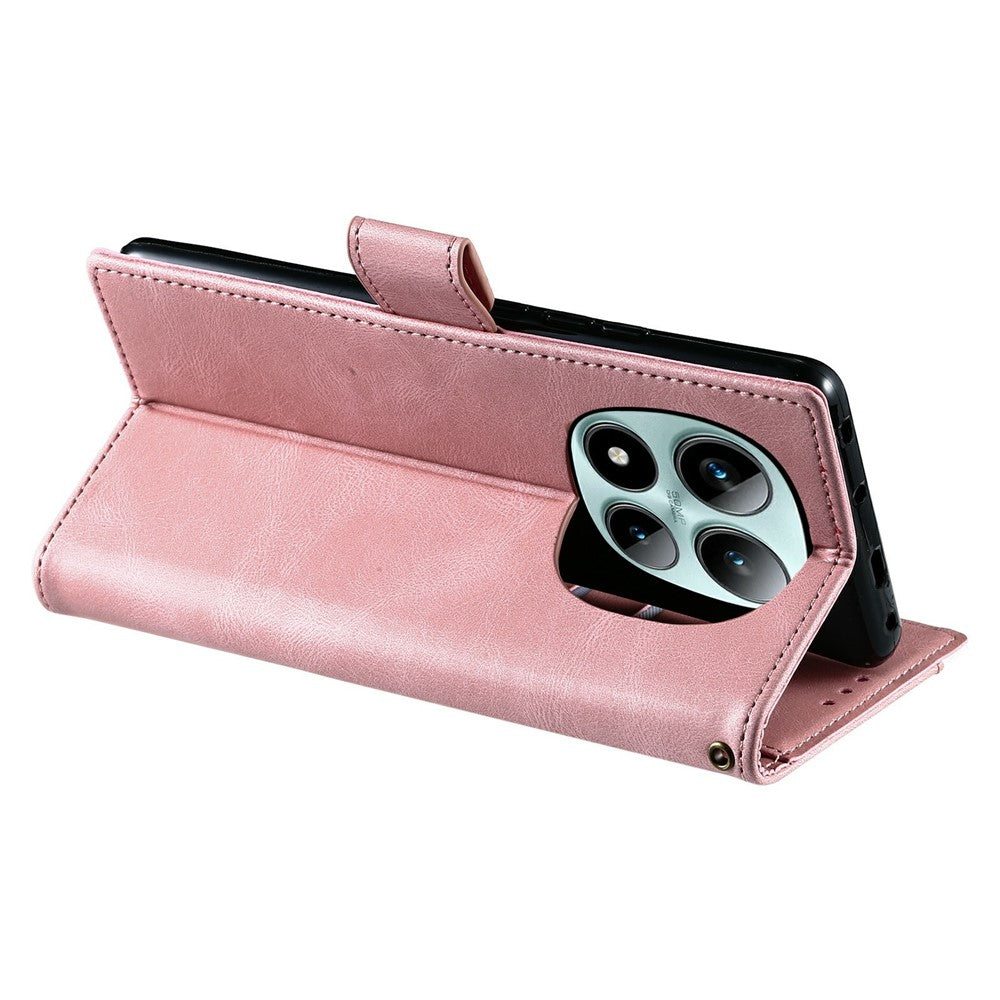 For Xiaomi Poco M8 Pro 5G / Redmi Note 15 Pro+ 5G (Global) Leather Case Splicing Stitching Wallet Phone Cover with Wrist Strap - Rose Gold