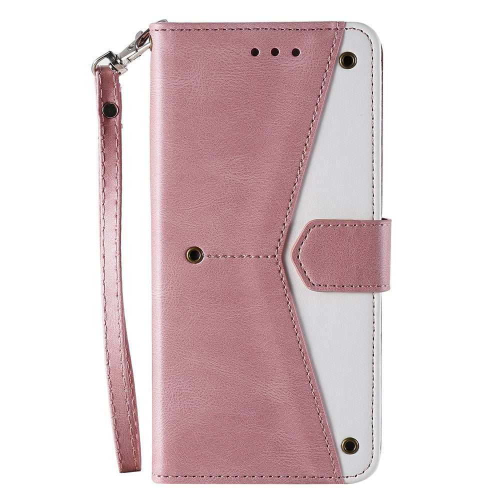For Xiaomi Poco M8 Pro 5G / Redmi Note 15 Pro+ 5G (Global) Leather Case Splicing Stitching Wallet Phone Cover with Wrist Strap - Rose Gold