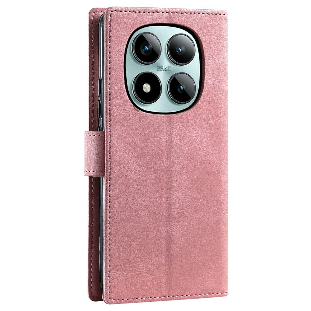For Xiaomi Poco M8 Pro 5G / Redmi Note 15 Pro+ 5G (Global) Leather Case Splicing Stitching Wallet Phone Cover with Wrist Strap - Rose Gold