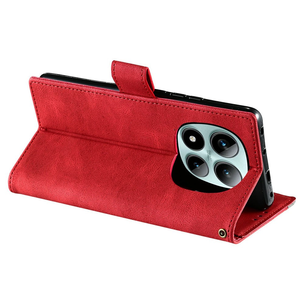 For Xiaomi Poco M8 Pro 5G / Redmi Note 15 Pro+ 5G (Global) Leather Case Splicing Stitching Wallet Phone Cover with Wrist Strap - Red