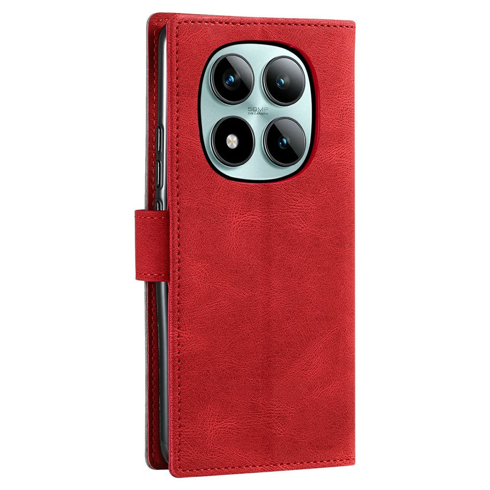 For Xiaomi Poco M8 Pro 5G / Redmi Note 15 Pro+ 5G (Global) Leather Case Splicing Stitching Wallet Phone Cover with Wrist Strap - Red