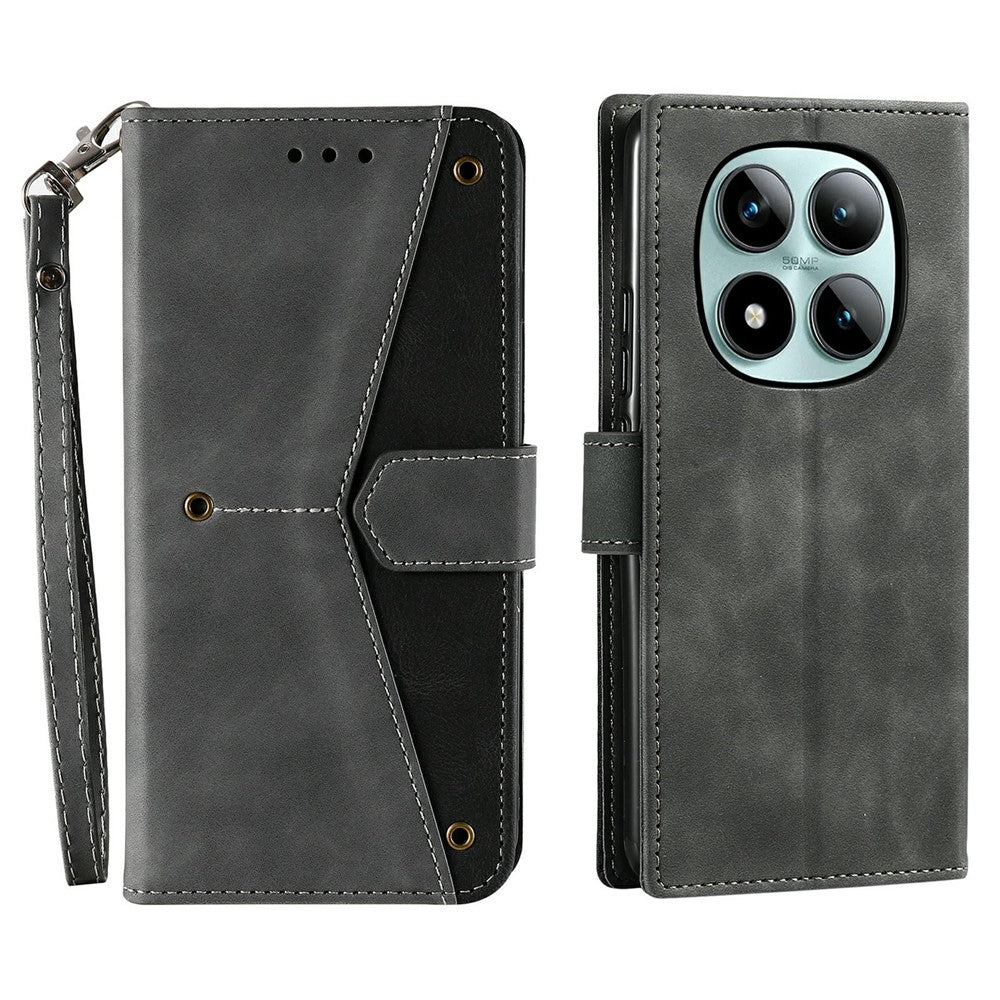 For Xiaomi Poco M8 Pro 5G / Redmi Note 15 Pro+ 5G (Global) Leather Case Splicing Stitching Wallet Phone Cover with Wrist Strap - Grey