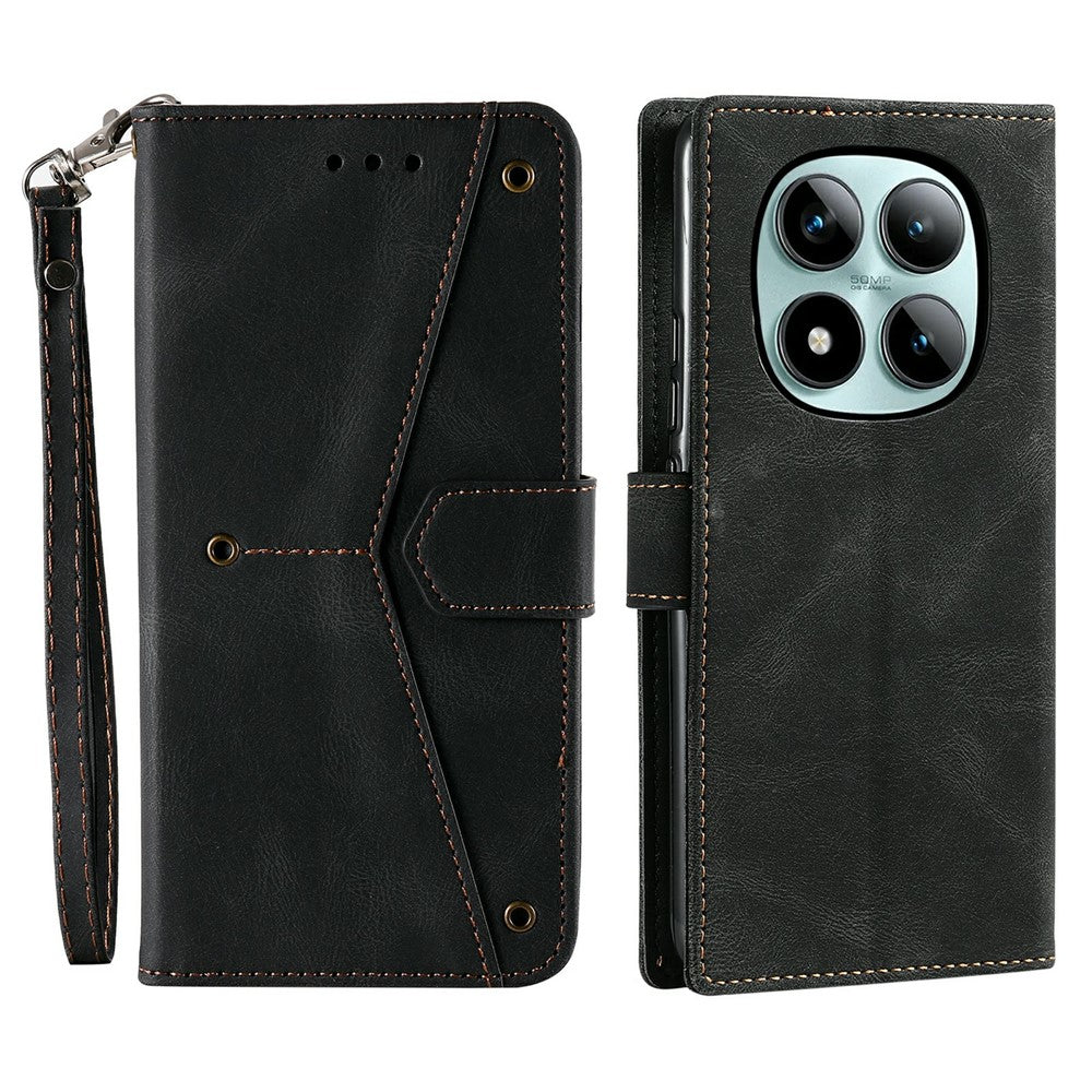 For Xiaomi Poco M8 Pro 5G / Redmi Note 15 Pro+ 5G (Global) Leather Case Splicing Stitching Wallet Phone Cover with Wrist Strap - Black