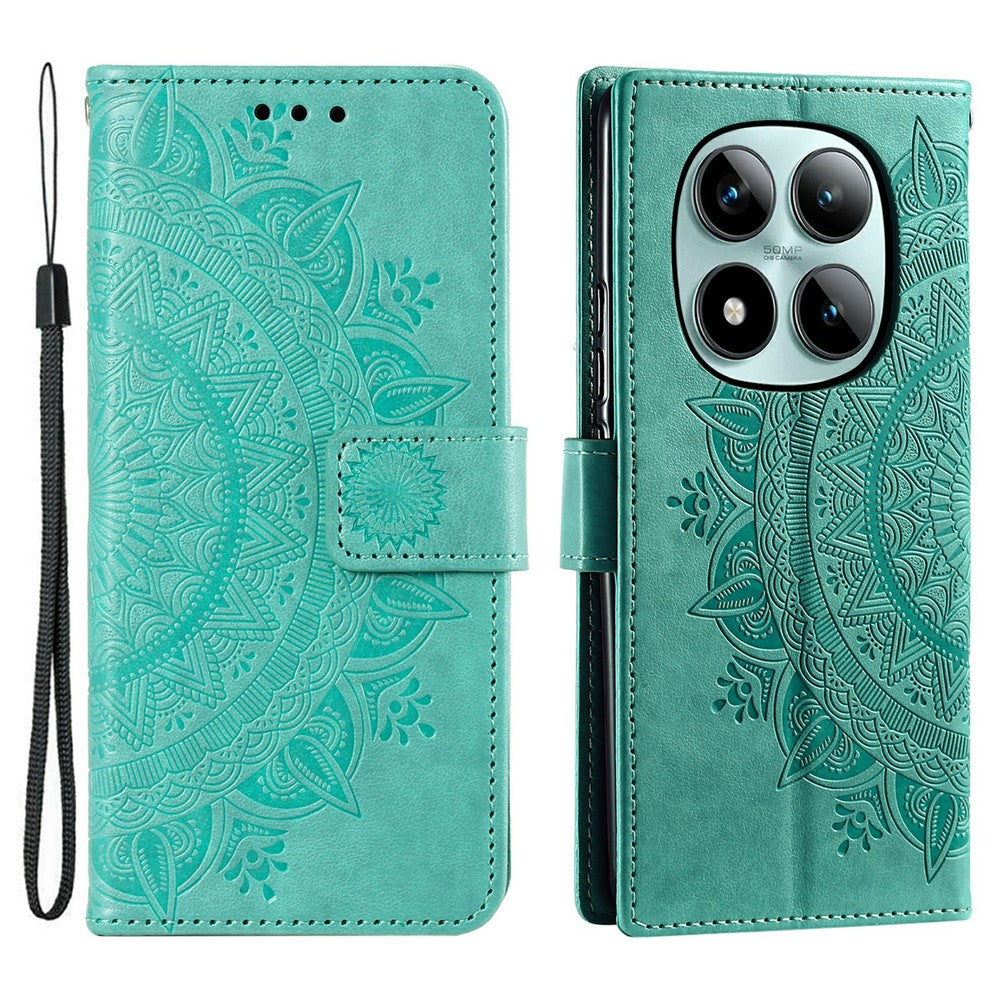 For Xiaomi Poco M8 Pro 5G / Redmi Note 15 Pro+ 5G (Global) Stand Case Imprinted Totem PU Leather Wallet Phone Cover with Wrist Strap - Mint Green