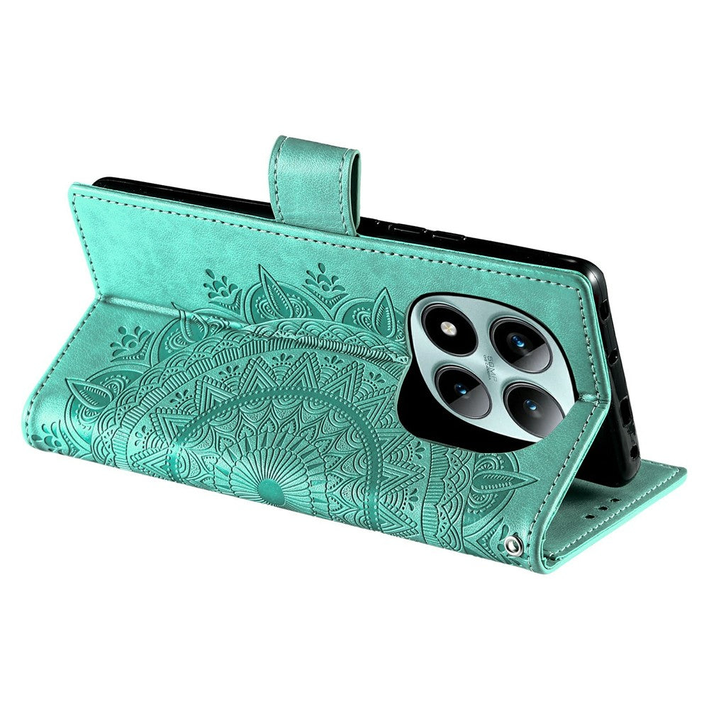 For Xiaomi Poco M8 Pro 5G / Redmi Note 15 Pro+ 5G (Global) Stand Case Imprinted Totem PU Leather Wallet Phone Cover with Wrist Strap - Mint Green