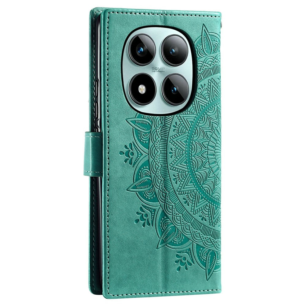 For Xiaomi Poco M8 Pro 5G / Redmi Note 15 Pro+ 5G (Global) Stand Case Imprinted Totem PU Leather Wallet Phone Cover with Wrist Strap - Mint Green