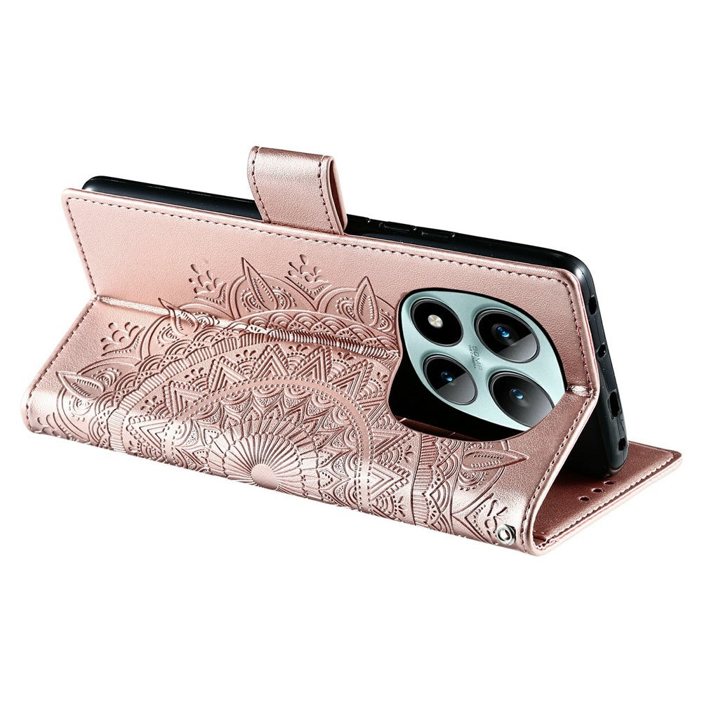 For Xiaomi Poco M8 Pro 5G / Redmi Note 15 Pro+ 5G (Global) Stand Case Imprinted Totem PU Leather Wallet Phone Cover with Wrist Strap - Rose Gold