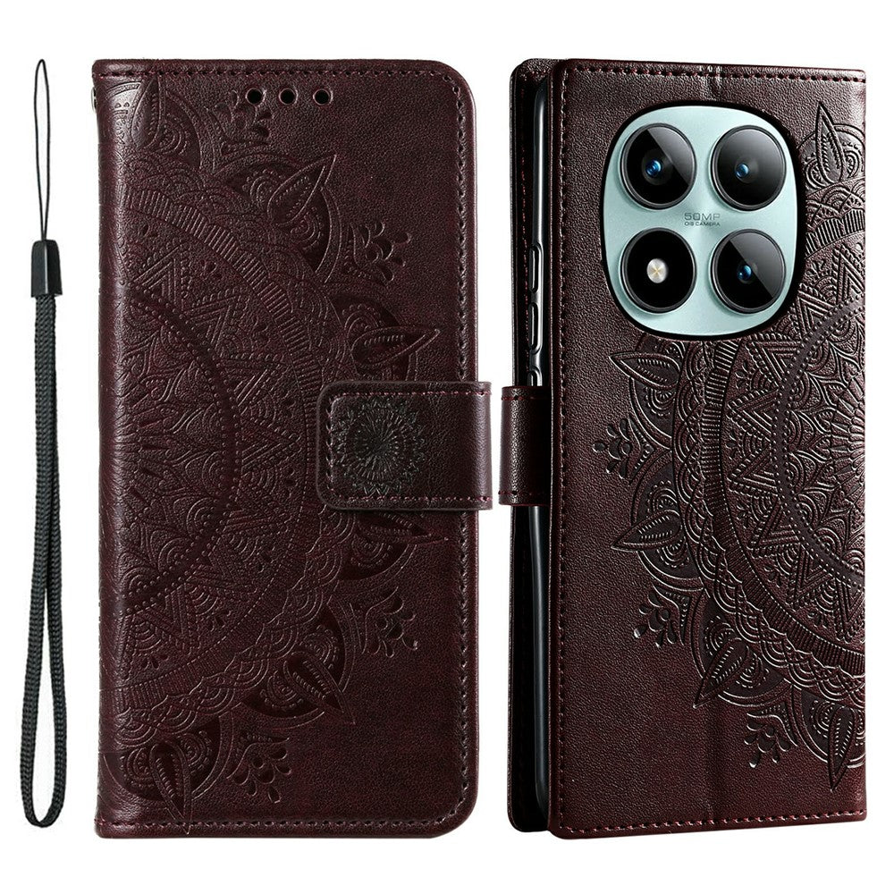 For Xiaomi Poco M8 Pro 5G / Redmi Note 15 Pro+ 5G (Global) Stand Case Imprinted Totem PU Leather Wallet Phone Cover with Wrist Strap - Brown