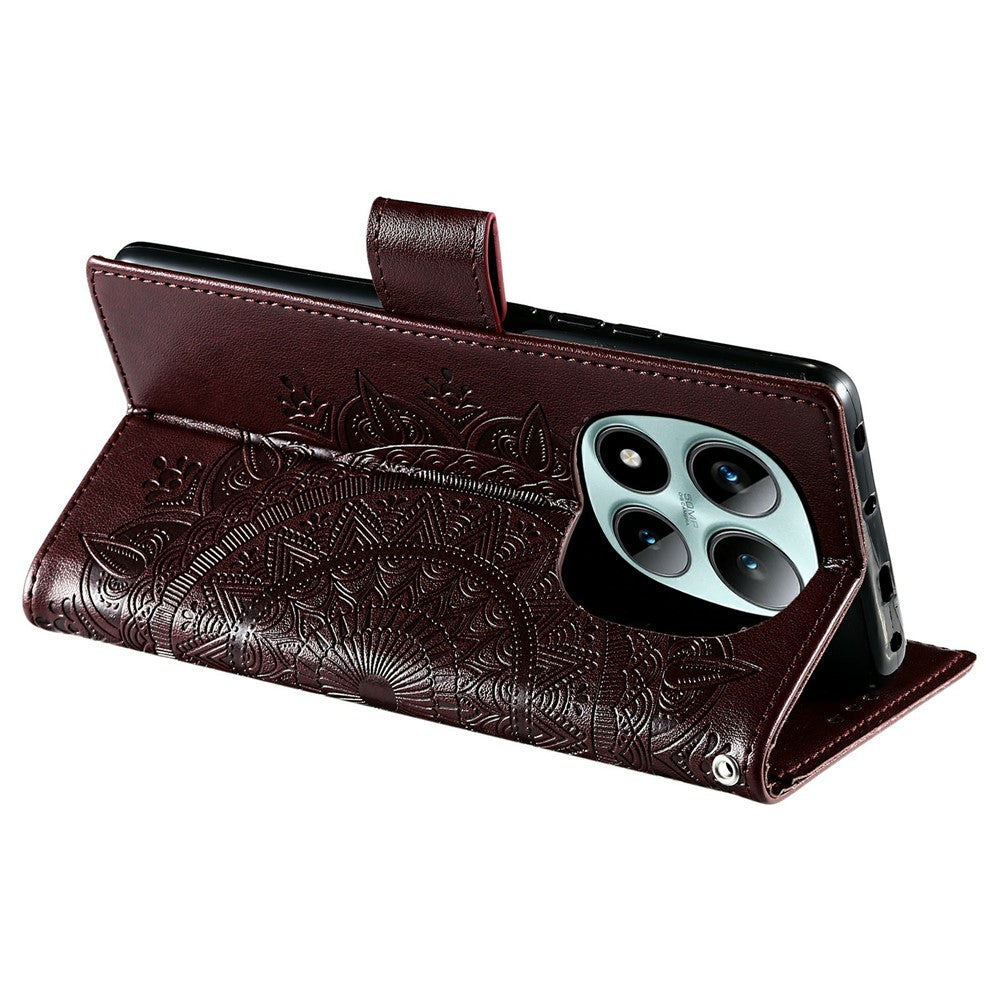 For Xiaomi Poco M8 Pro 5G / Redmi Note 15 Pro+ 5G (Global) Stand Case Imprinted Totem PU Leather Wallet Phone Cover with Wrist Strap - Brown