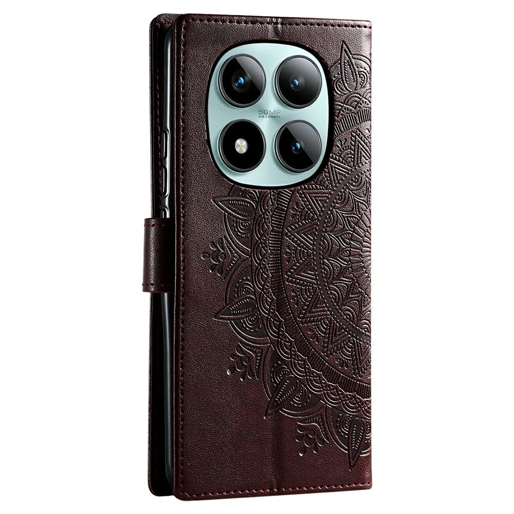 For Xiaomi Poco M8 Pro 5G / Redmi Note 15 Pro+ 5G (Global) Stand Case Imprinted Totem PU Leather Wallet Phone Cover with Wrist Strap - Brown