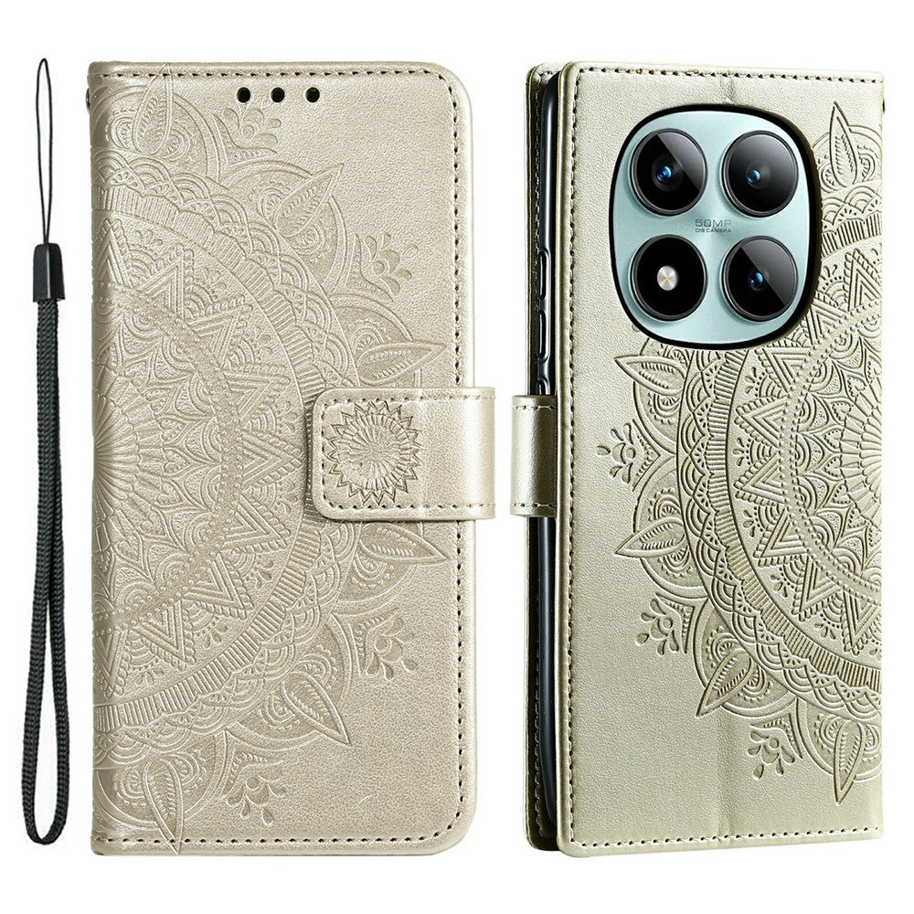 For Xiaomi Poco M8 Pro 5G / Redmi Note 15 Pro+ 5G (Global) Stand Case Imprinted Totem PU Leather Wallet Phone Cover with Wrist Strap - Gold