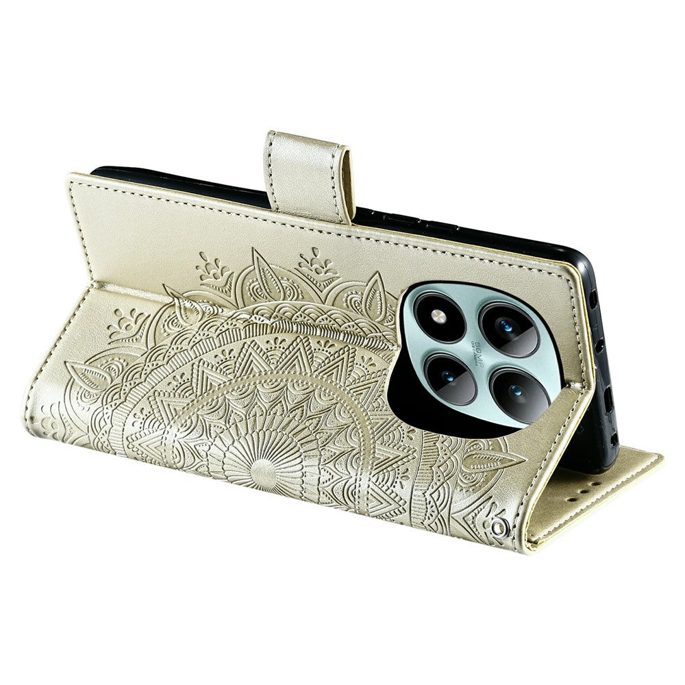 For Xiaomi Poco M8 Pro 5G / Redmi Note 15 Pro+ 5G (Global) Stand Case Imprinted Totem PU Leather Wallet Phone Cover with Wrist Strap - Gold