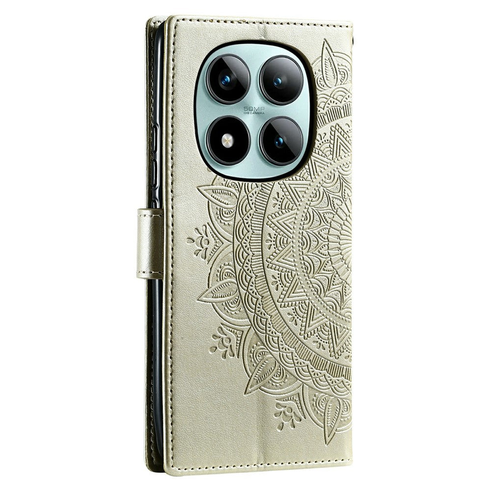 For Xiaomi Poco M8 Pro 5G / Redmi Note 15 Pro+ 5G (Global) Stand Case Imprinted Totem PU Leather Wallet Phone Cover with Wrist Strap - Gold