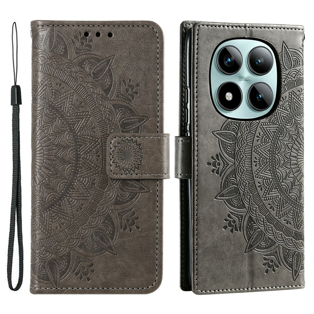 For Xiaomi Poco M8 Pro 5G / Redmi Note 15 Pro+ 5G (Global) Stand Case Imprinted Totem PU Leather Wallet Phone Cover with Wrist Strap - Grey