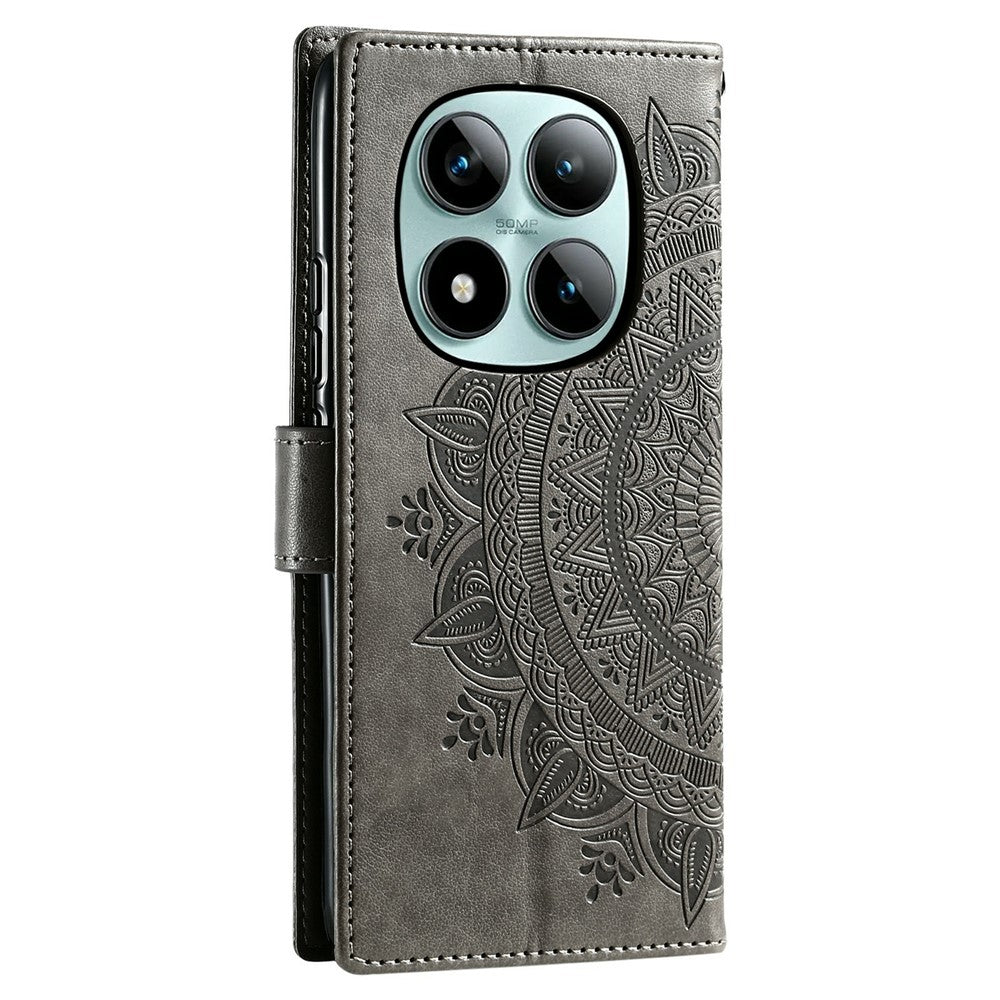 For Xiaomi Poco M8 Pro 5G / Redmi Note 15 Pro+ 5G (Global) Stand Case Imprinted Totem PU Leather Wallet Phone Cover with Wrist Strap - Grey