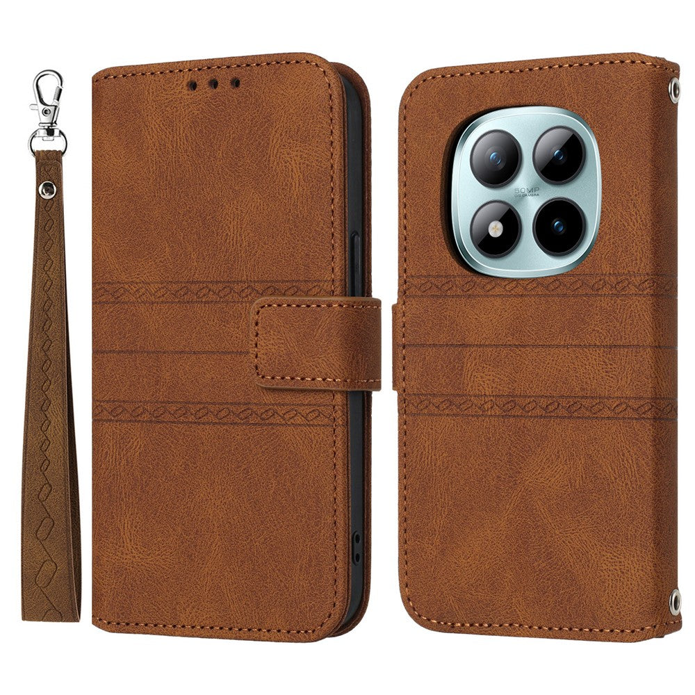 For Xiaomi Redmi Note 15 Pro 5G (Global) Case Wallet Skin-Touch Leather Imprinted Phone Cover with Wrist Strap - Brown