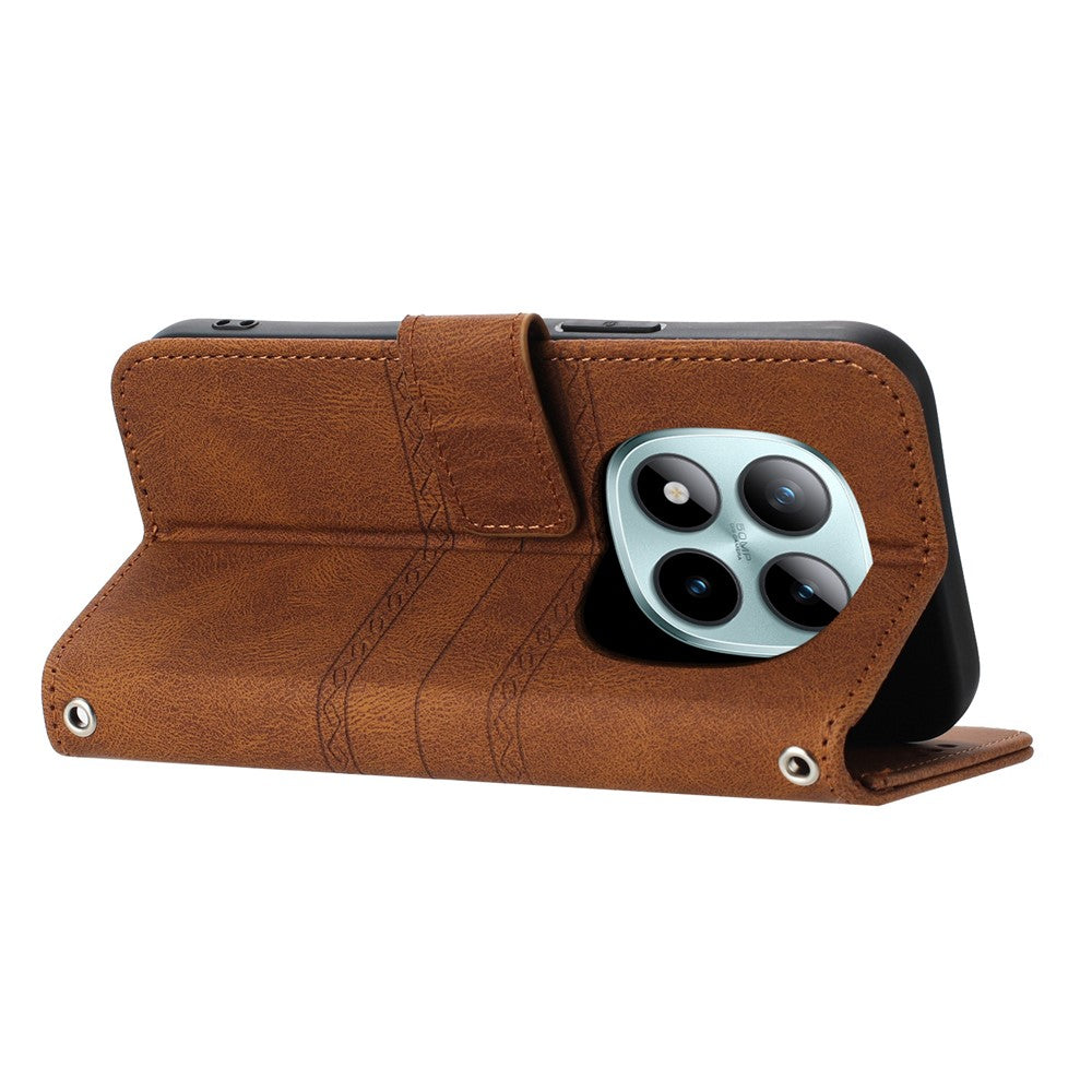 For Xiaomi Redmi Note 15 Pro 5G (Global) Case Wallet Skin-Touch Leather Imprinted Phone Cover with Wrist Strap - Brown