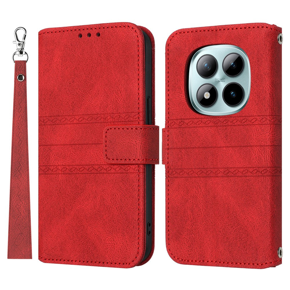 For Xiaomi Redmi Note 15 Pro 5G (Global) Case Wallet Skin-Touch Leather Imprinted Phone Cover with Wrist Strap - Red