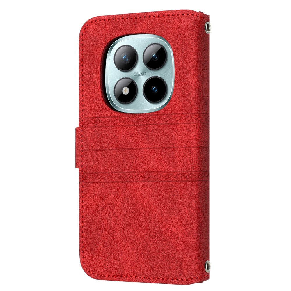 For Xiaomi Redmi Note 15 Pro 5G (Global) Case Wallet Skin-Touch Leather Imprinted Phone Cover with Wrist Strap - Red