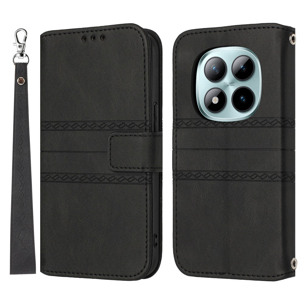 For Xiaomi Redmi Note 15 Pro 5G (Global) Case Wallet Skin-Touch Leather Imprinted Phone Cover with Wrist Strap - Black