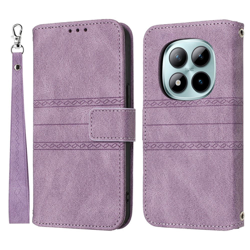 For Xiaomi Redmi Note 15 Pro 5G (Global) Case Wallet Skin-Touch Leather Imprinted Phone Cover with Wrist Strap - Purple