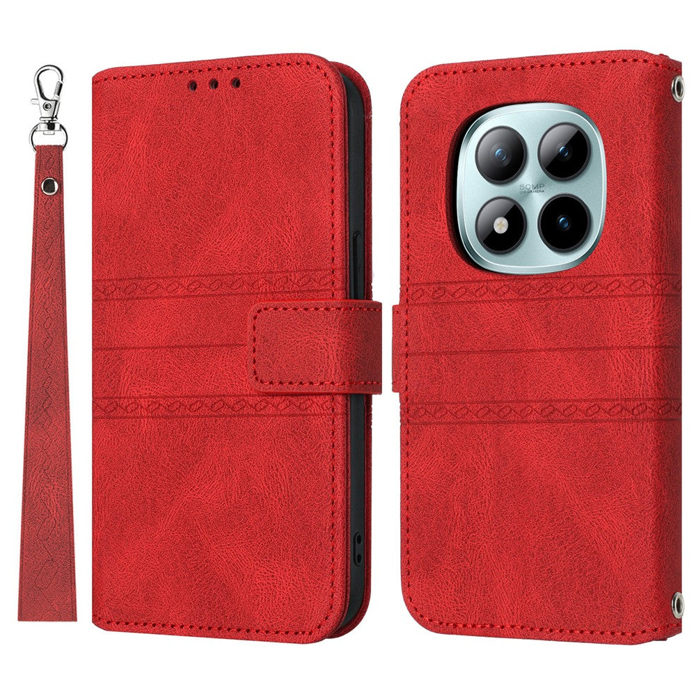 For Xiaomi Poco M8 Pro 5G / Redmi Note 15 Pro+ 5G (Global) Case Wallet Skin-Touch Leather Imprinted Phone Cover with Wrist Strap - Red