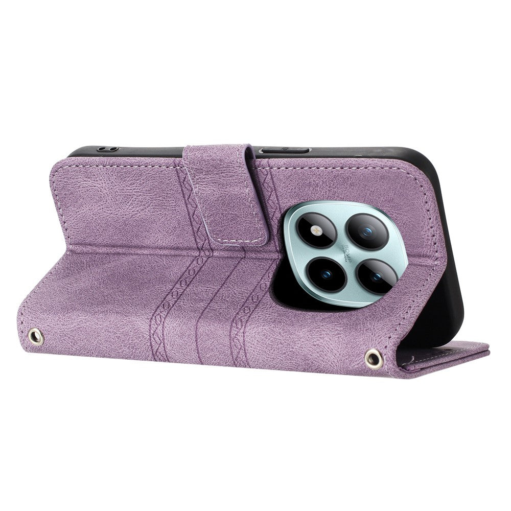 For Xiaomi Poco M8 Pro 5G / Redmi Note 15 Pro+ 5G (Global) Case Wallet Skin-Touch Leather Imprinted Phone Cover with Wrist Strap - Purple